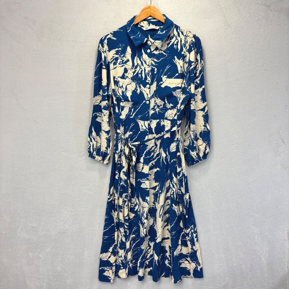 Zara Belted Maxi Shirt Dress Womens XXL Blue Cream Abstract Floral Pockets 2XL